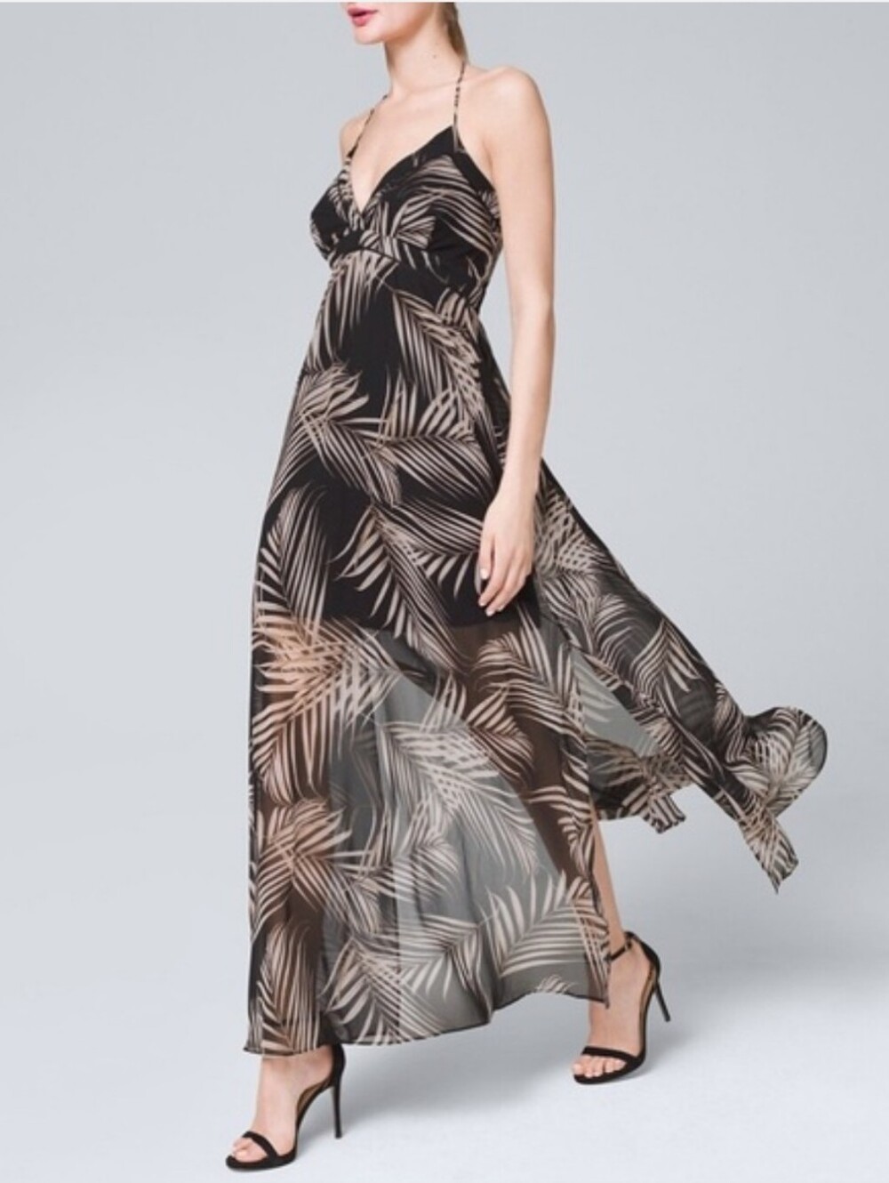 🌴White House Black Market Black Maxi Dress with Beige Tropical Palm Leaf Print